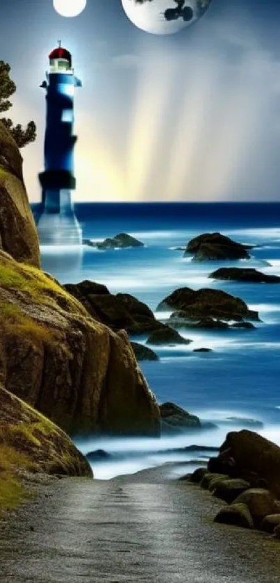 Mobile wallpaper of a moonlit ocean scene with a lighthouse.