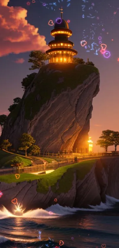 Lighthouse on cliff glowing at sunset by the ocean.