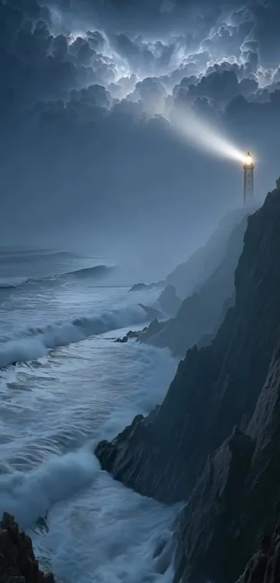 Lighthouse illuminating stormy night along a rocky coast.
