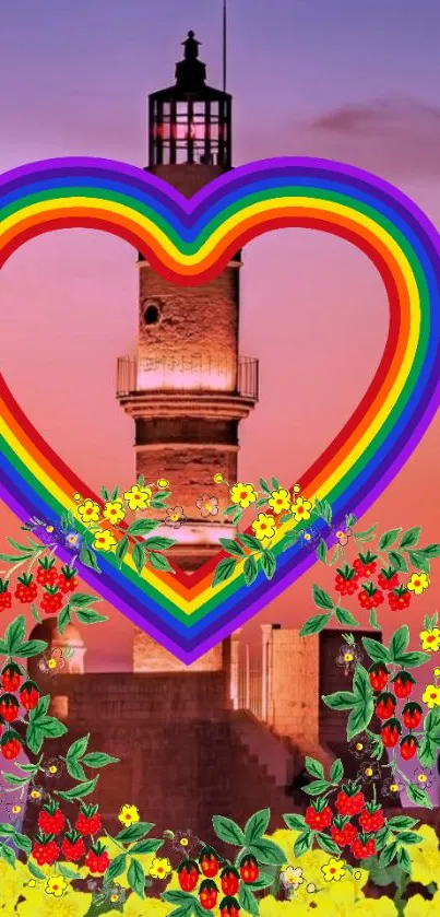 Lighthouse with rainbow heart and floral accents in vibrant colors.