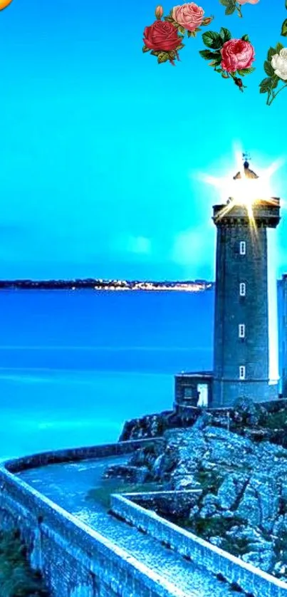 Lighthouse scenic mobile wallpaper with ocean and flowers under a vibrant blue sky.