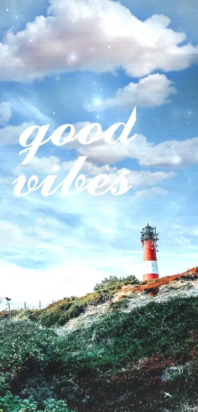 Lighthouse under a vivid blue sky with 'good vibes' text overlay.