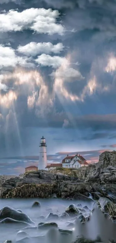 Lighthouse with dramatic clouds and ocean view.