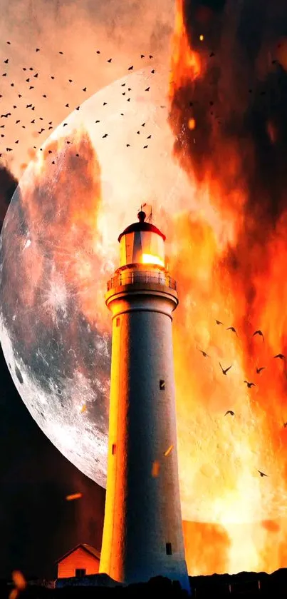 Lighthouse with background of fiery sky and moon, surrounded by flying birds.