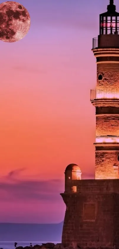 Lighthouse under full moon with vibrant sunset hues.