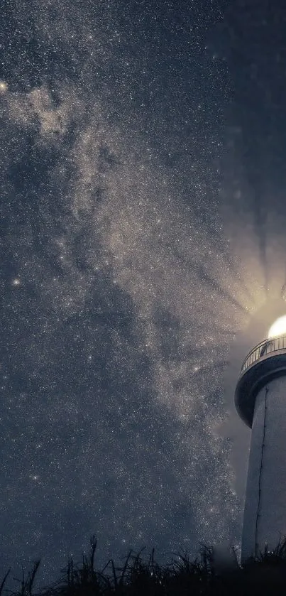 Lighthouse with a beam under a starry sky on a mobile wallpaper background.