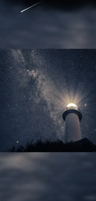 Lighthouse glowing under a starry sky, creating a serene night scene.