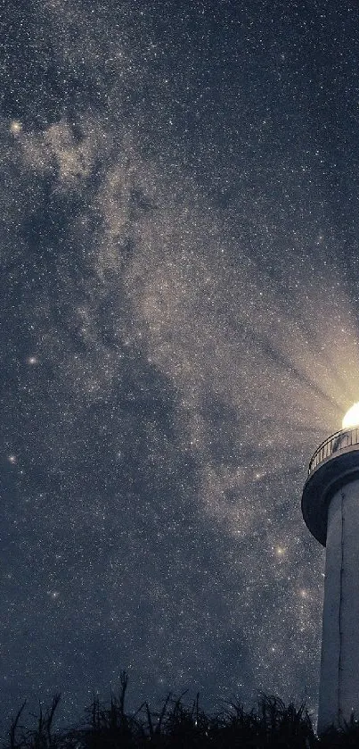 Lighthouse under a vast starry sky, casting light across the night.