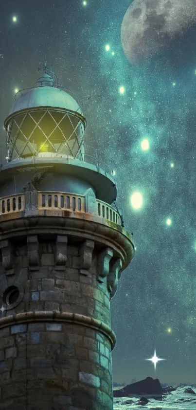 Lighthouse beneath a starry night sky with a visible moon.