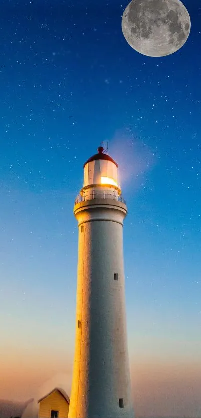 Lighthouse with moon and starry sky wallpaper.