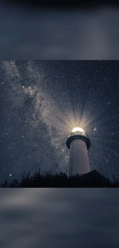 Lighthouse illuminated against a starry night sky, creating a serene and cosmic scene.