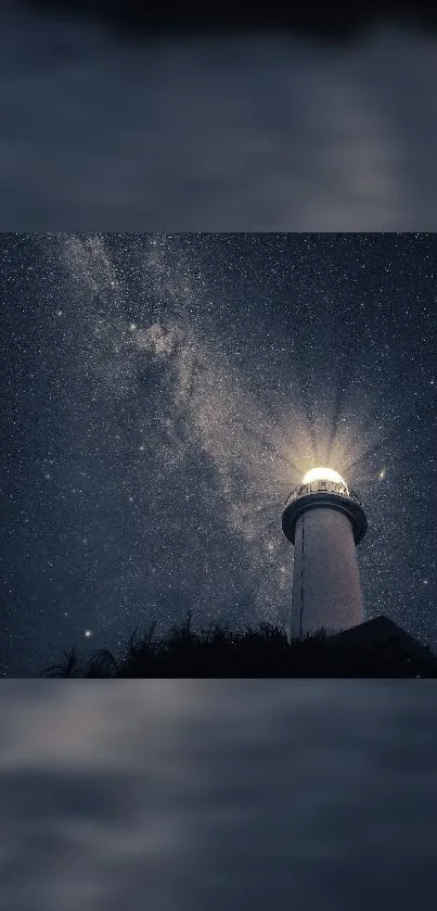 Lighthouse shining under a starry night sky, providing a tranquil visual delight.