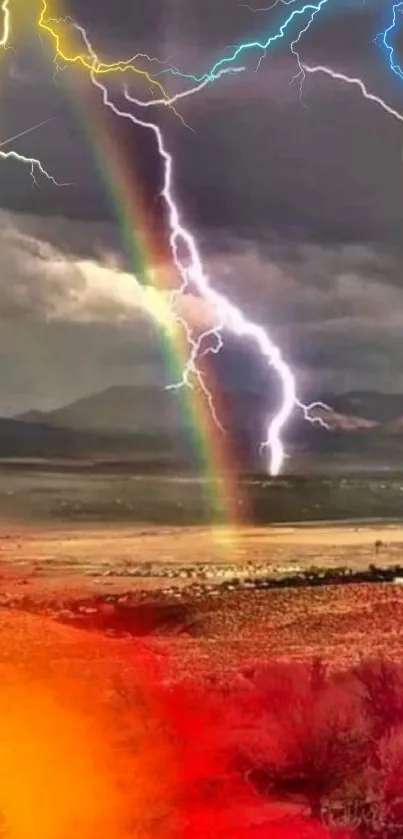 A stunning mobile wallpaper featuring a rainbow and lightning bolt over a desert landscape.