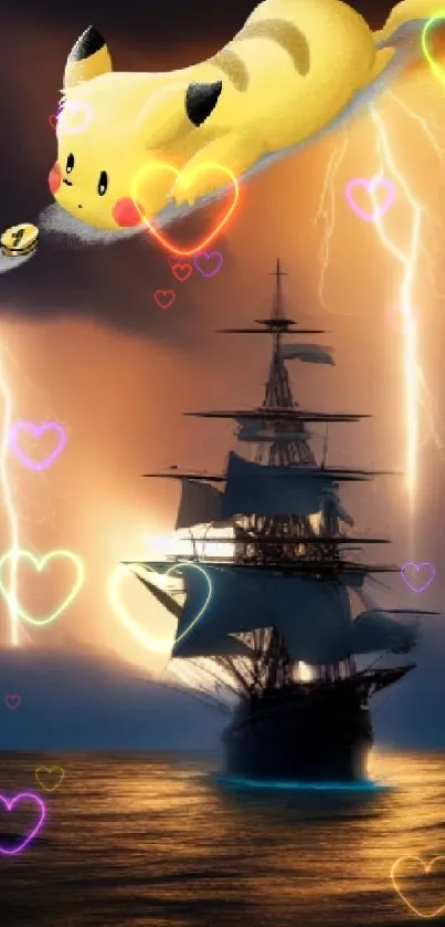 Dynamic wallpaper with lightning over a ship at sea.