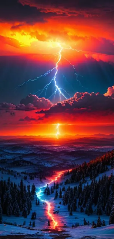 Vivid lightning with a colorful sunset over a snowy mountain landscape.