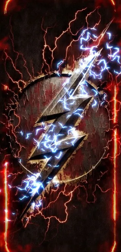 Dynamic lightning bolt design on dark, textured background.