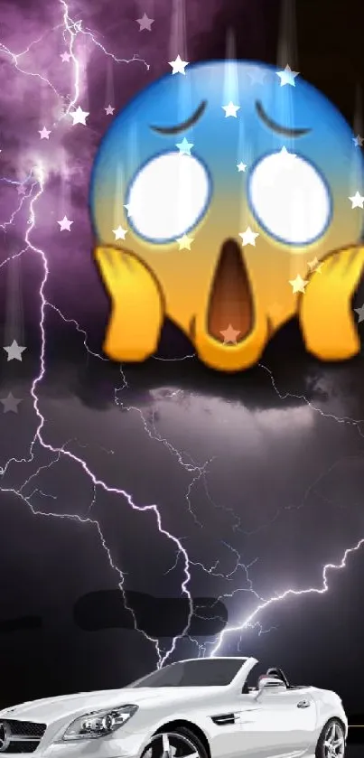 Dynamic wallpaper with lightning, car, and shocked emoji.