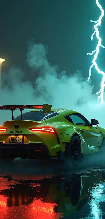 Yellow sports car in a stormy night with striking lightning.