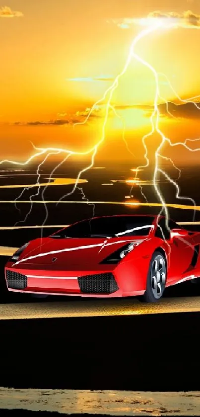 Vibrant sports car with lightning in a scenic sunset landscape.