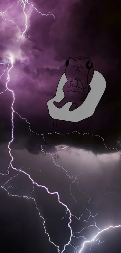 Cat seated in armchair as purple lightning flashes across a dark sky.