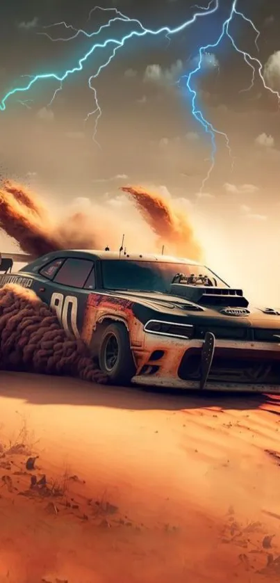 High-speed car racing through a desert under a lightning storm.