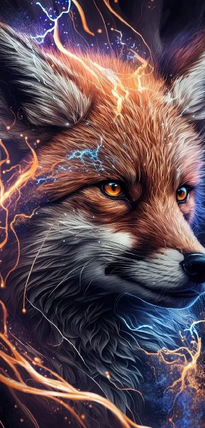 Electrifying fox with lightning design in vibrant colors for mobile wallpaper.