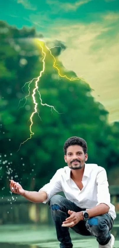 Man with lightning in vibrant green scenery.