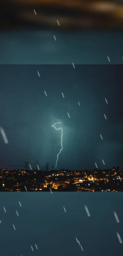 Lightning illuminates night cityscape under dark rainy sky.