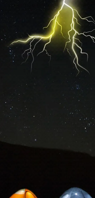 Lightning illuminates night sky above tents with stars in the background.