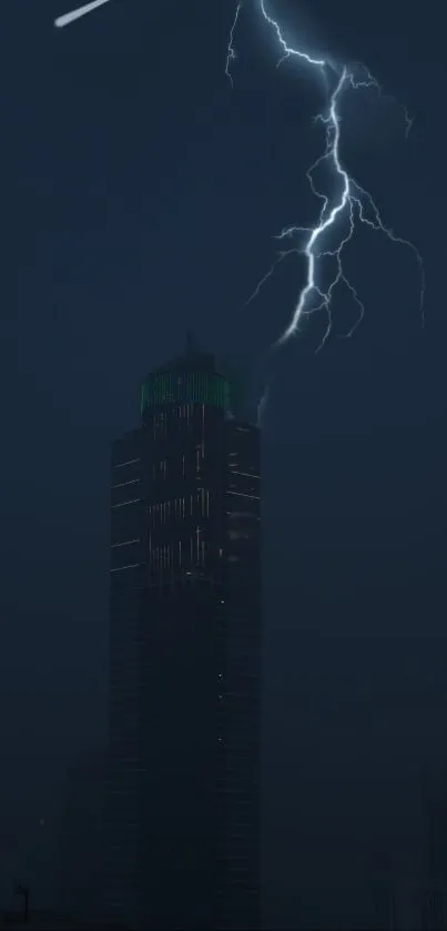 Lightning strikes over a dark city skyline at night, creating a dramatic scene.