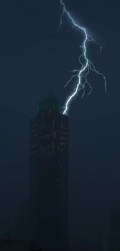 Dynamic lightning bolt over city skyscraper in dark night sky.