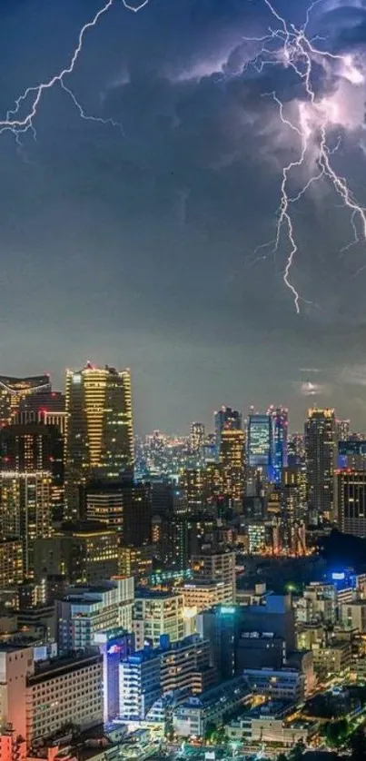 City skyline with lightning bolt at night.