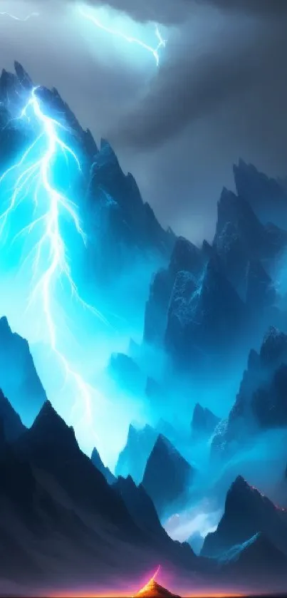 Wallpaper featuring lightning striking majestic mountain peaks in vibrant blue hues.