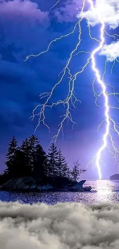 Lightning strikes near an ocean island under a purple-blue sky with storm clouds.