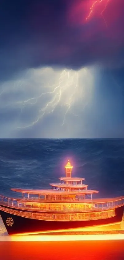 A ship glows brightly under a stormy, lightning-filled ocean sky.
