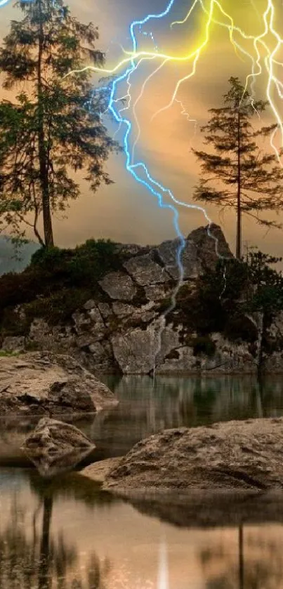 Island with lightning striking in a serene landscape.