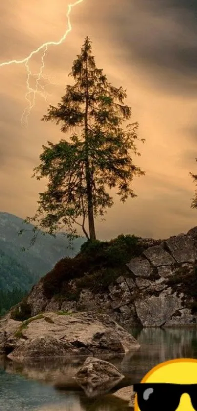 Lightning strikes over a peaceful mountain lake with a tree silhouette and clouded sky.