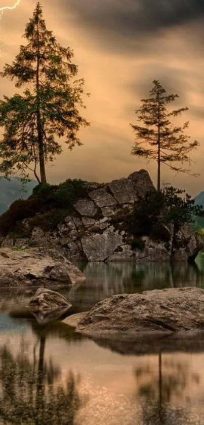 Stunning lake with trees and lightning at dusk, perfect nature wallpaper.