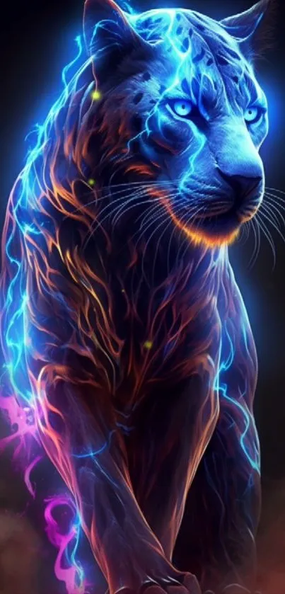 Neon lightning panther with electric blue and vibrant glow.