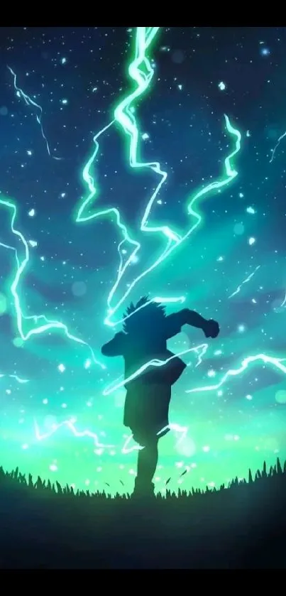 Silhouette with glowing lightning background in a starlit night scene.