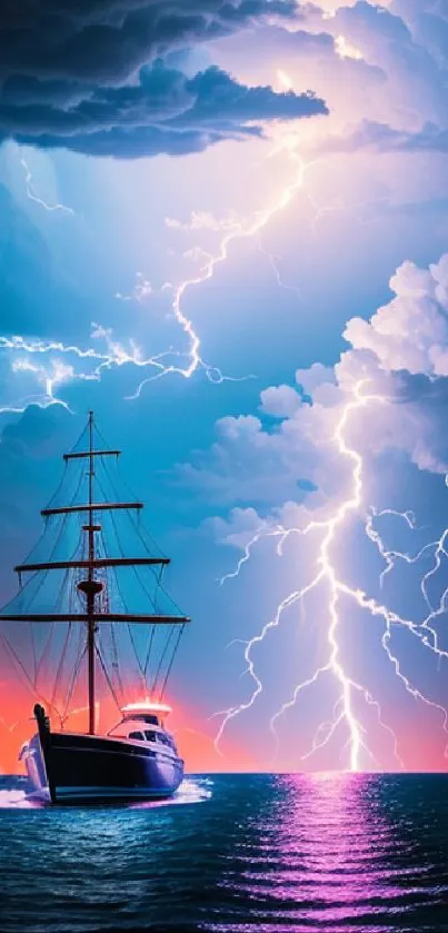 Ship sailing under lightning in the ocean at dusk, vibrant mobile wallpaper.