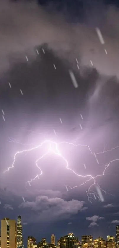 Lightning storm over city skyline at night, capturing urban energy.