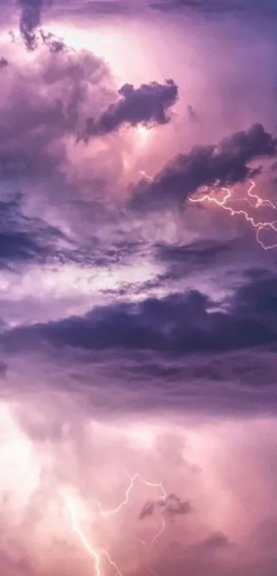 Vibrant purple lightning storm mobile wallpaper with dramatic clouds.