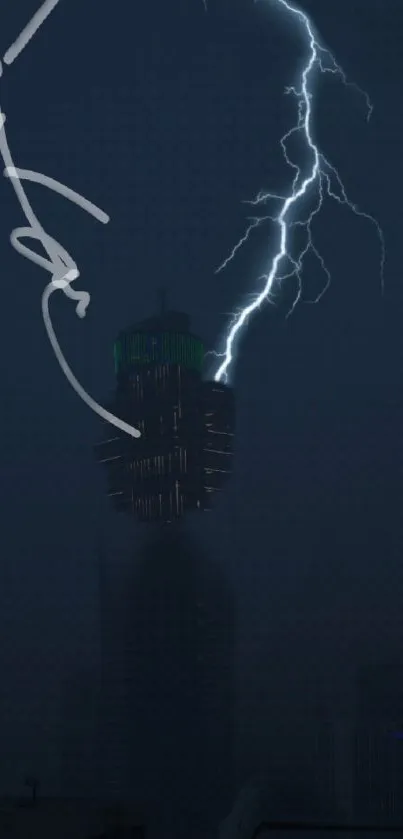 Lightning bolt striking building in cityscape at night, dramatic urban scene.