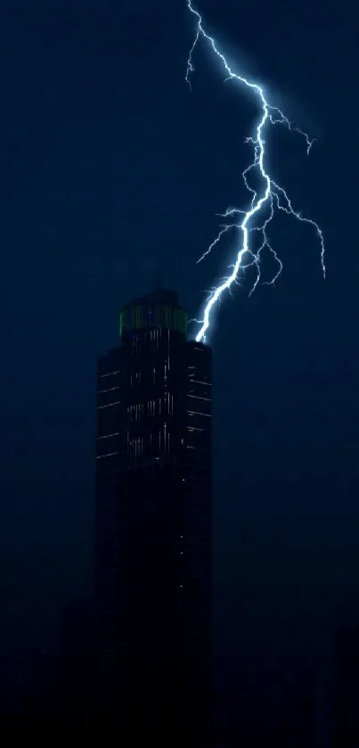 Lightning striking over a city skyline at night, casting a dramatic glow.