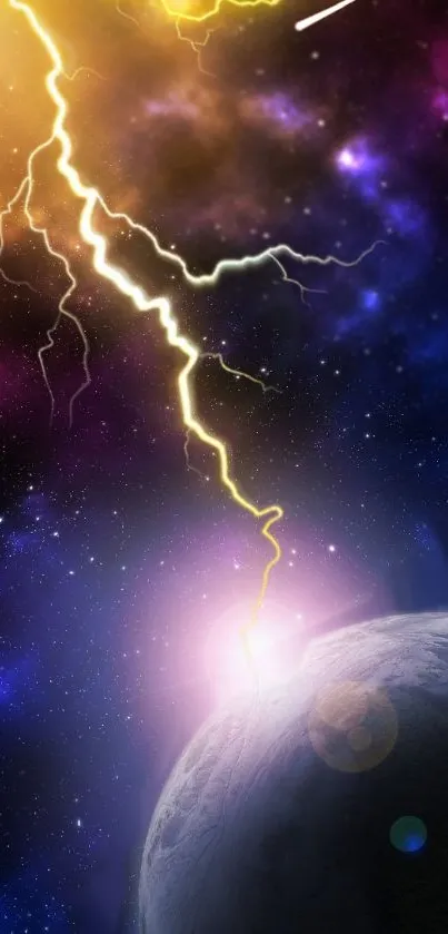 Cosmic lightning striking a planet with vibrant space colors.