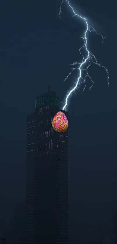 Wallpaper of night cityscape with lightning striking a tower topped by an Easter egg.