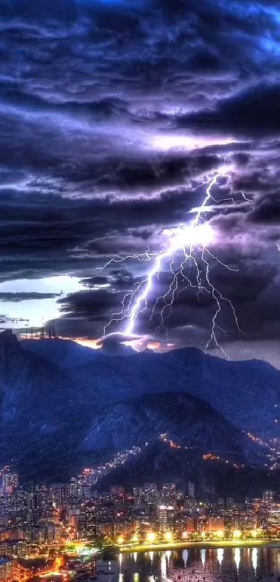 Lightning strikes illuminate a city under a stormy sky.