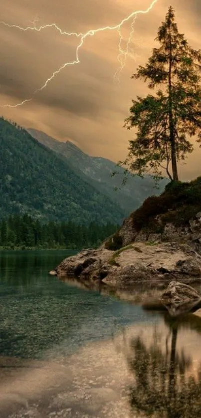 Lightning strikes above a tranquil lake with forest.