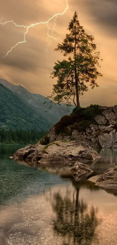 Lightning striking over a tranquil lake with tree reflection.